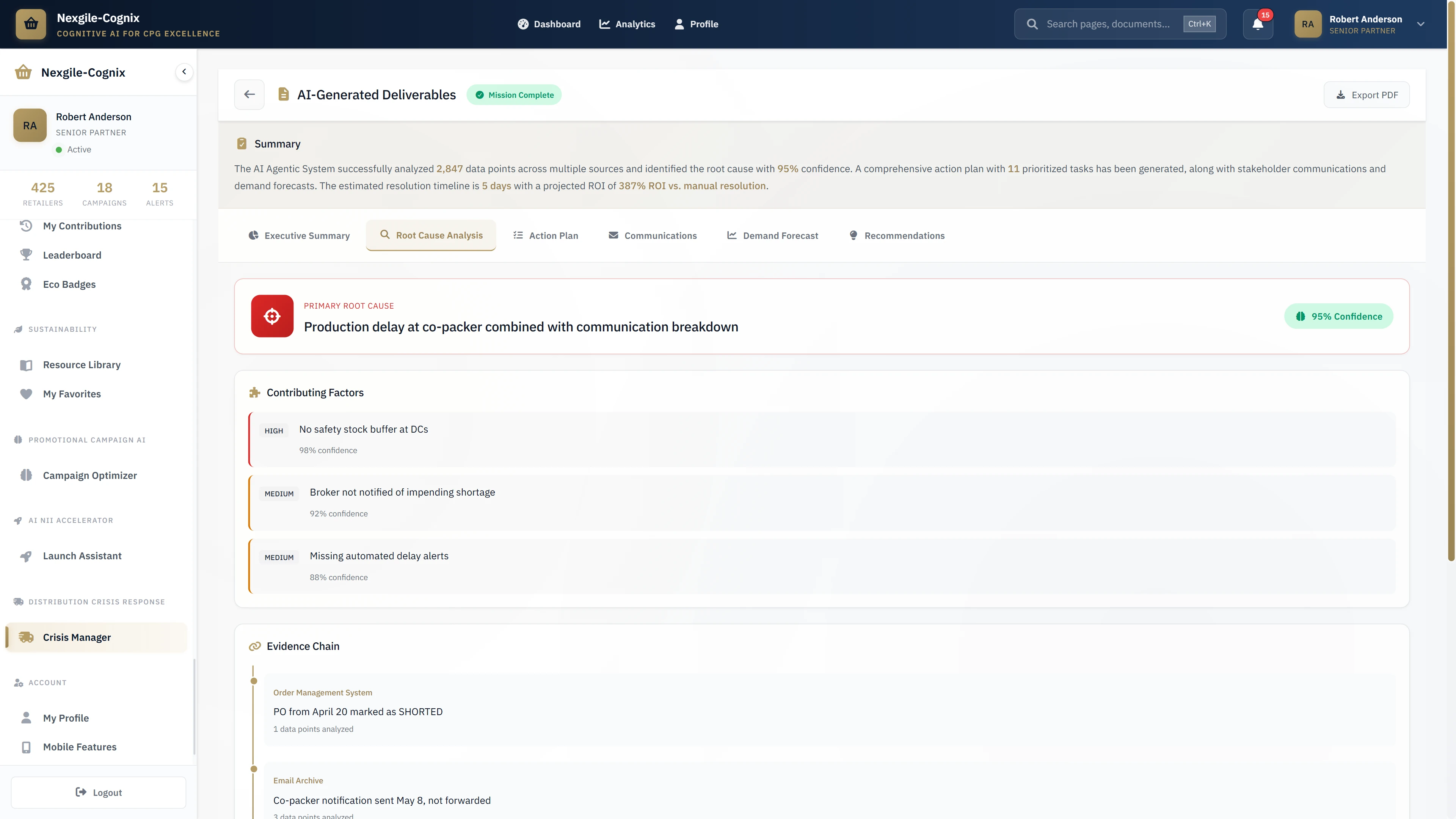 AI-Generated Deliverables - Root cause analysis summary with 95% confidence, contributing factors, and evidence chain